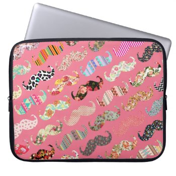 Funny Girly Colorful Pink Aztec Patterns Mustaches Laptop Sleeve by mustache_designs at Zazzle