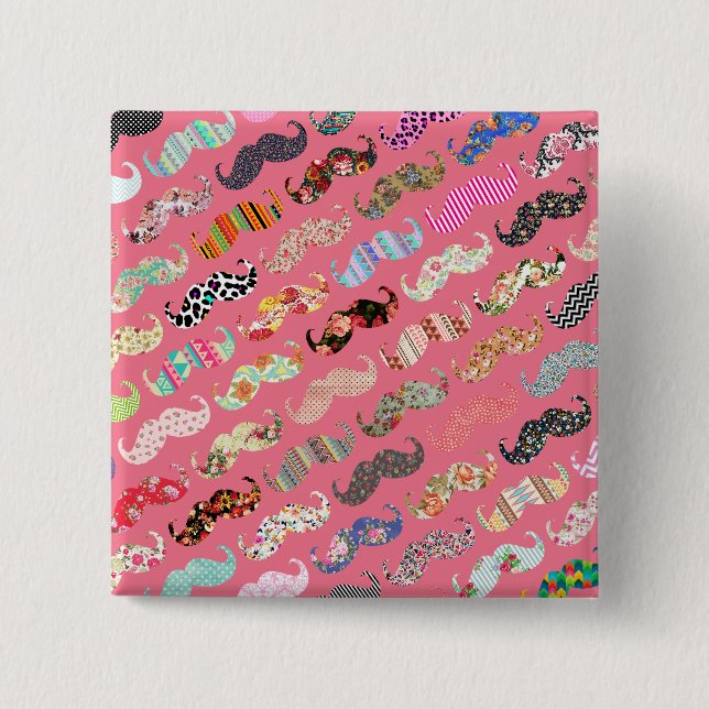 Funny Girly Colorful Pink Aztec Patterns Mustaches Pinback Button (Front)