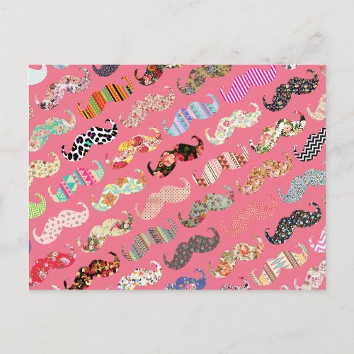 Funny Girly Colorful Pink Aztec Patterns Mustaches Postcard