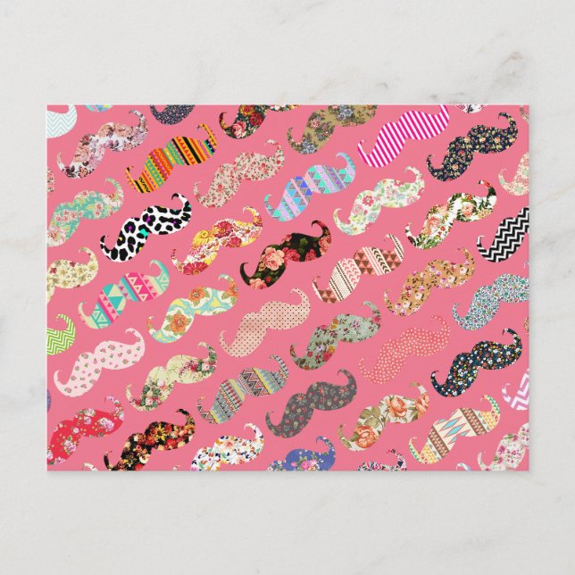 Funny Girly Colorful Pink Aztec Patterns Mustaches Postcard (Front)