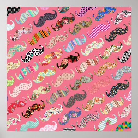 Funny Girly Colorful Pink Aztec Patterns Mustaches Poster