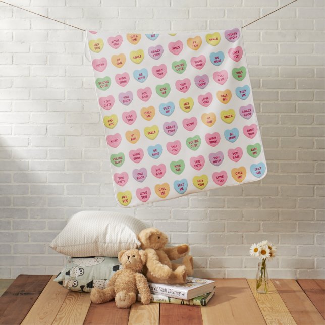 Funny girly cute custom conversation candy hearts baby blanket (In Situ)