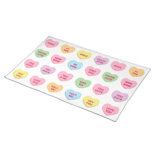 Funny girly cute custom conversation candy hearts cloth placemat