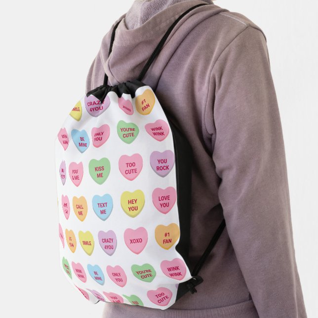 Funny girly cute custom conversation candy hearts drawstring bag (Insitu)