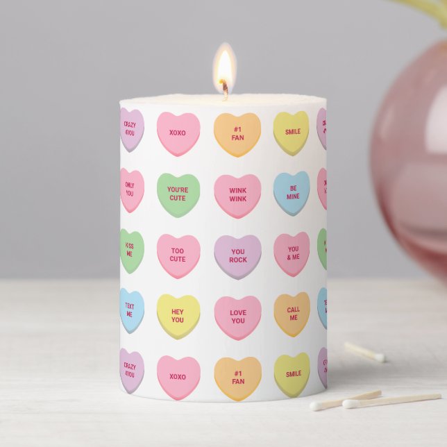 Funny girly cute custom conversation candy hearts pillar candle (In Situ)