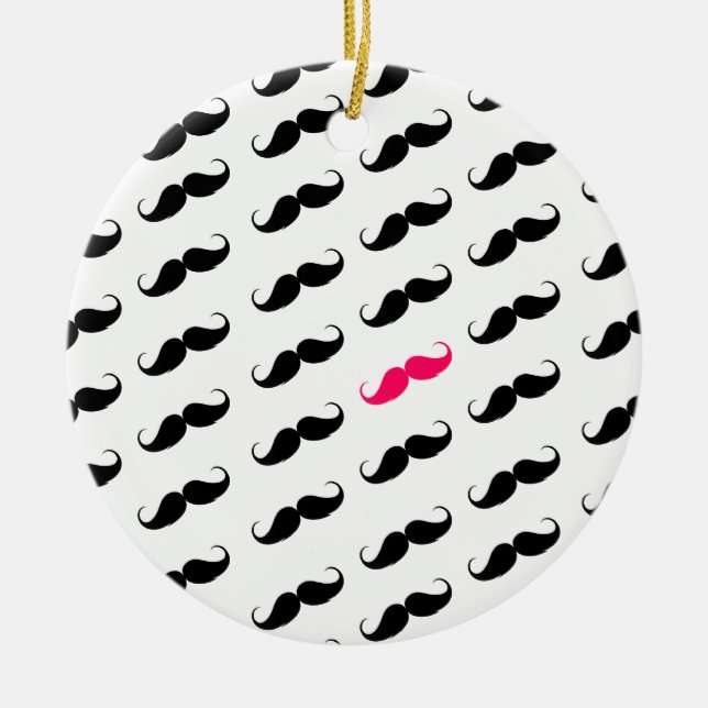 Funny Girly Pink  And Black Mustache Pattern Ceramic Ornament (Front)