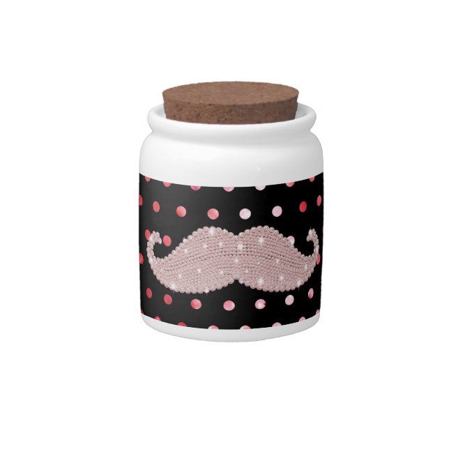 Funny Girly Pink Bling Mustache Polka Dots Pattern Candy Jar (Front)