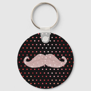 Funny Girly Pink Bling Mustache Polka Dots Pattern Keychain