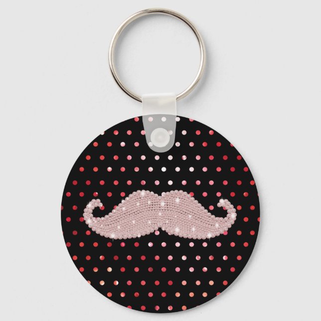 Funny Girly Pink Bling Mustache Polka Dots Pattern Keychain (Front)