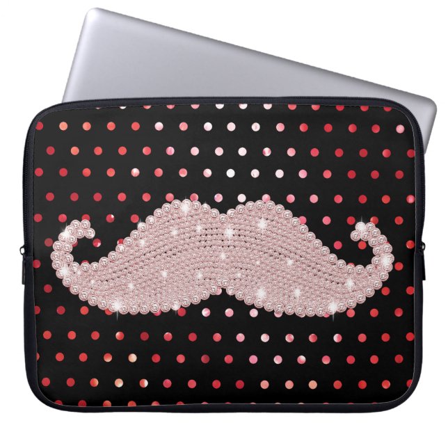 Funny Girly Pink Bling Mustache Polka Dots Pattern Laptop Sleeve (Front)