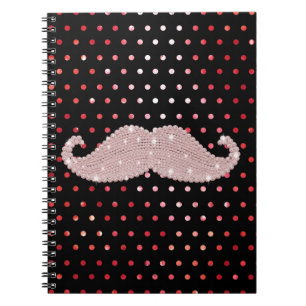 Funny Girly Pink Bling Mustache Polka Dots Pattern Notebook