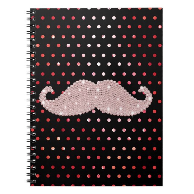 Funny Girly Pink Bling Mustache Polka Dots Pattern Notebook (Front)
