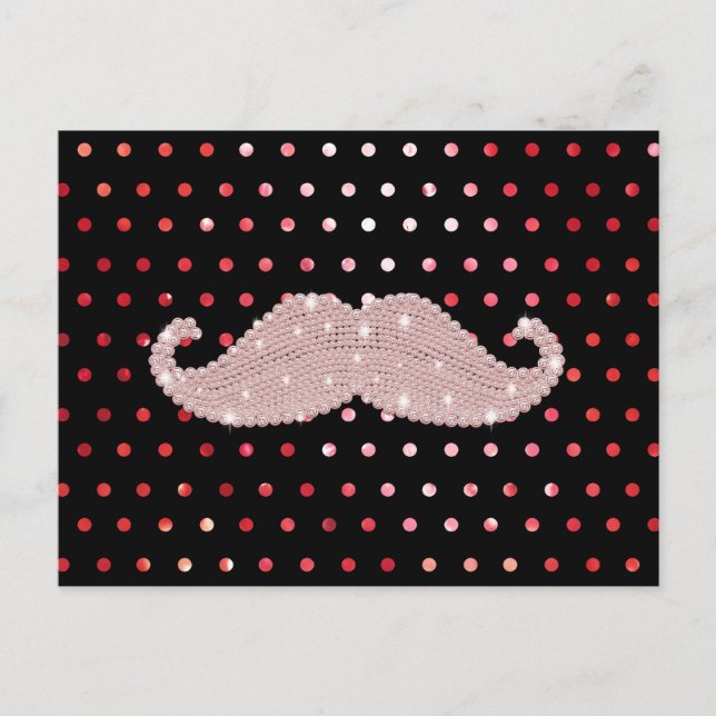 Funny Girly Pink Bling Mustache Polka Dots Pattern Postcard (Front)