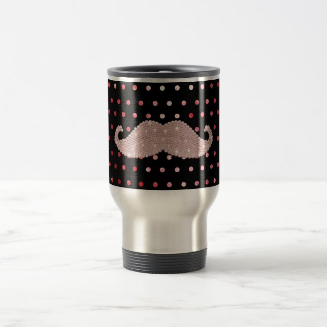 Funny Girly Pink Bling Mustache Polka Dots Pattern Travel Mug (Center)