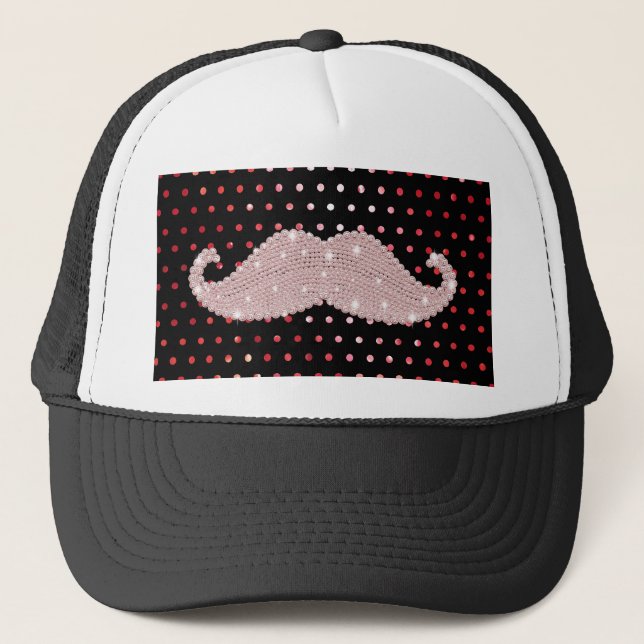 Funny Girly Pink Bling Mustache Polka Dots Pattern Trucker Hat (Front)