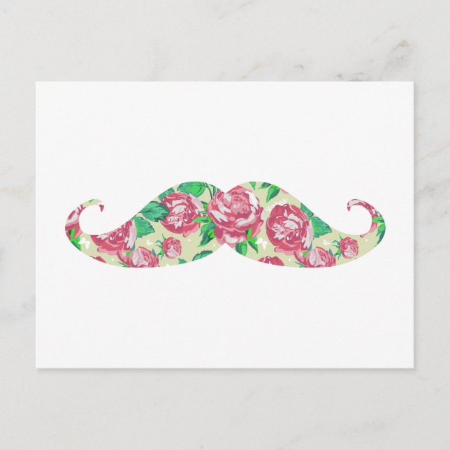 Funny Girly Pink Green White Floral Mustache Postcard (Front)