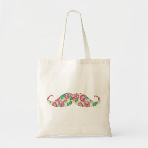 Funny Girly Pink Green White Floral Mustache Tote Bag