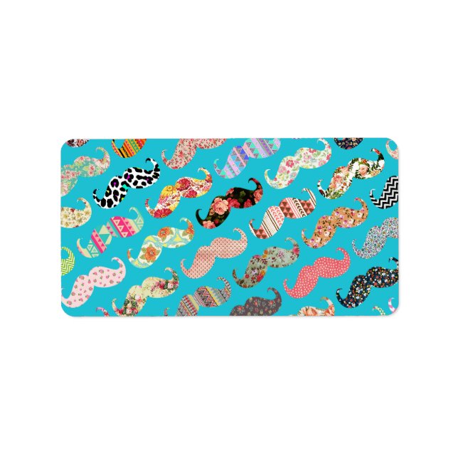 Funny Girly Turquoise Floral Aztec Mustaches Label (Front)