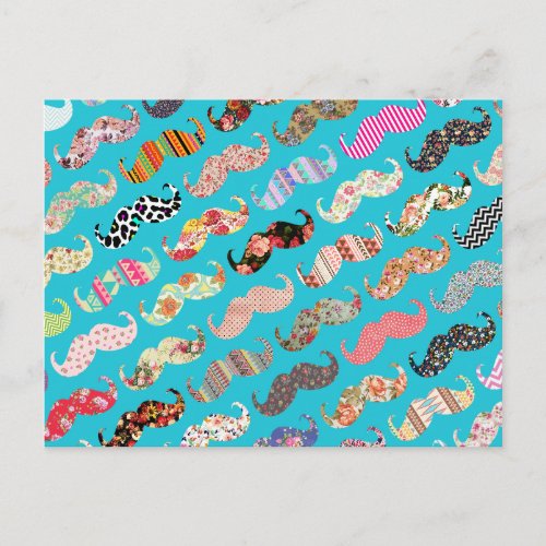 Funny Girly Turquoise Floral Aztec Mustaches Postcard