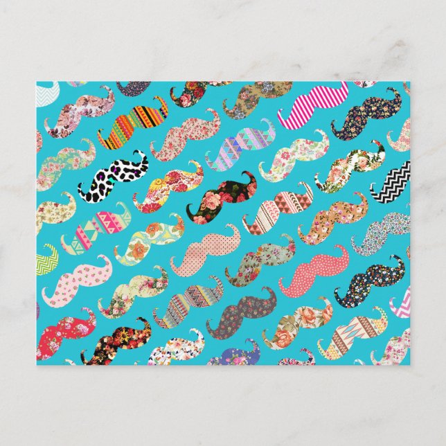 Funny Girly Turquoise Floral Aztec Mustaches Postcard (Front)