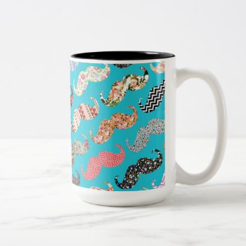 Funny Girly Turquoise Floral Aztec Mustaches Two-tone Coffee Mug by mustache_designs at Zazzle