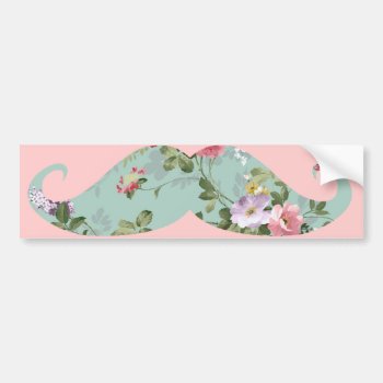 Funny Girly Vintage Red Pink Floral Mustache Bumper Sticker by mustache_designs at Zazzle