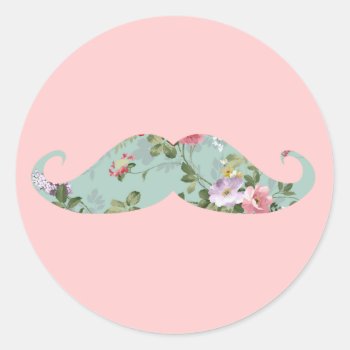 Funny Girly Vintage Red Pink Floral Mustache Classic Round Sticker by mustache_designs at Zazzle