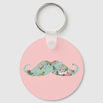 Funny Girly Vintage Red Pink Floral Mustache Keychain by mustache_designs at Zazzle