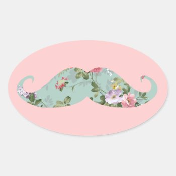 Funny Girly Vintage Red Pink Floral Mustache Oval Sticker by mustache_designs at Zazzle
