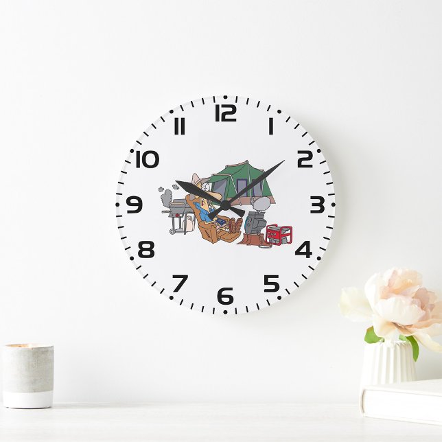 Funny Glamping Cartoon Luxury Camping  Large Clock (Creator Uploaded)