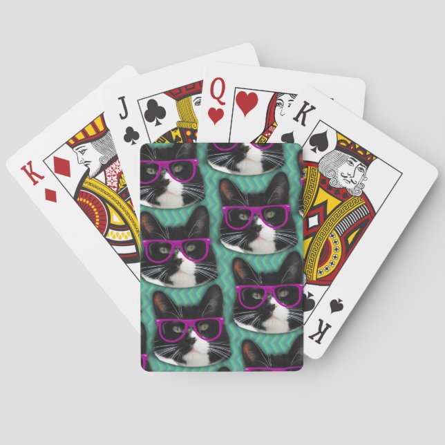 Funny Glasses Tuxedo Cat Cool Epic Pattern Poker Cards (Back)