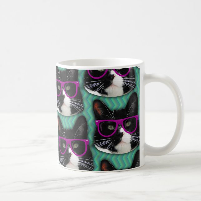 Funny Glasses Tuxedo Cat Pattern Epic Design Coffee Mug (Right)