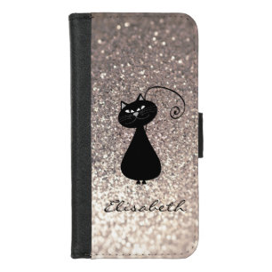 Funny glittery cartoon black cat personalized iPhone 8/7 wallet case