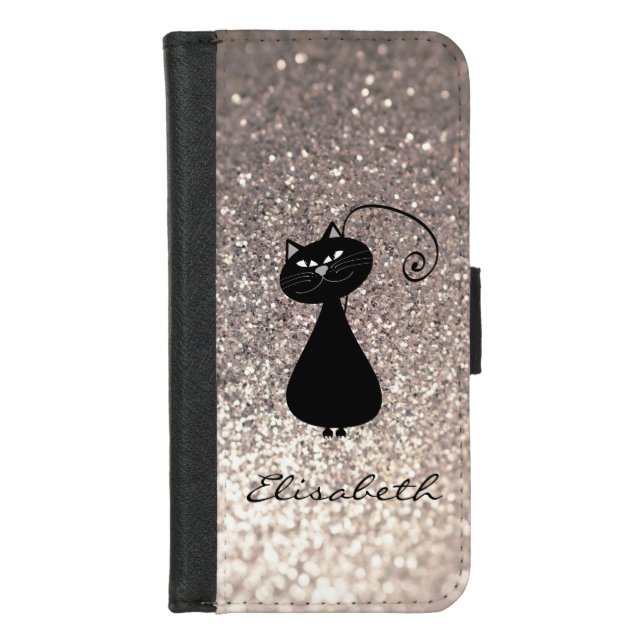 Funny glittery cartoon black cat personalized iPhone wallet case (Front)