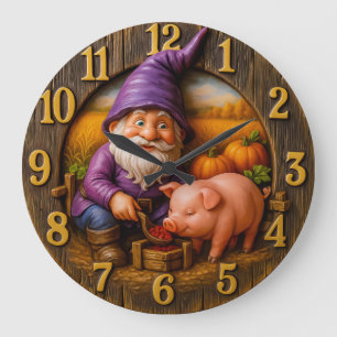 Funny Gnome and Pig in Autumn Harvest Scene clock