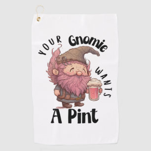 Funny Gnome Drinking Beer Pun Your Gnomie Wants A  Golf Towel