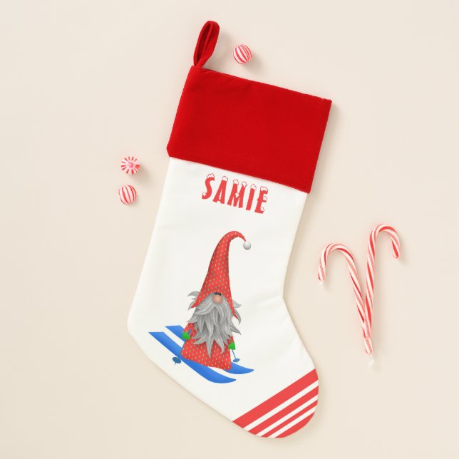 Funny Gnome, First Name, Red, White,  Christmas Stocking (Front)