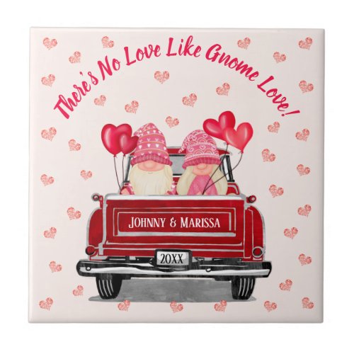 Funny Gnome Love Pink Glitter Hearts Vintage Truck Ceramic Tile