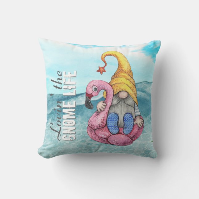 Funny Gnome Pink Flamingo Float Summer Beach Outdoor Pillow (Front)