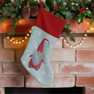 Funny Gnome Teal Snowflake Christmas Stocking