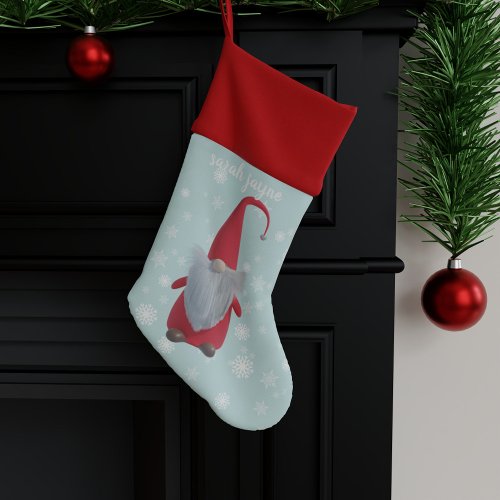 Funny Gnome Teal Snowflake Pattern Monogrammed Christmas Stocking