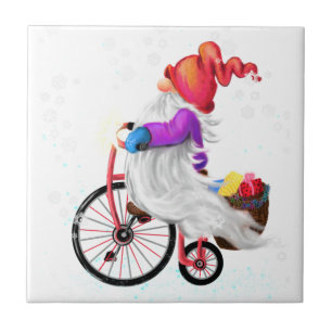 Funny Gnome with Bike and Gifts - Merry Christmas Ceramic Tile