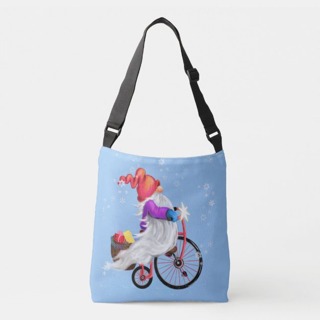Funny Gnome with Bike and Gifts - Merry Christmas Crossbody Bag (Front)