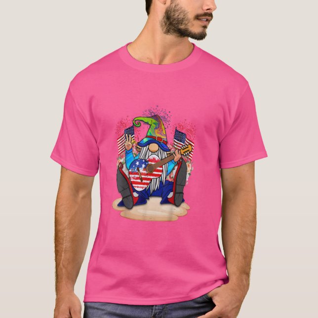Funny Gnome with Guitar Sings and Celebrates 4th o T-Shirt (Front)