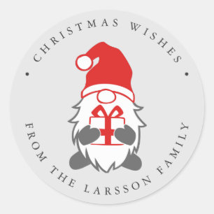 Funny Gnome with Present and Santa hat Gray Classic Round Sticker