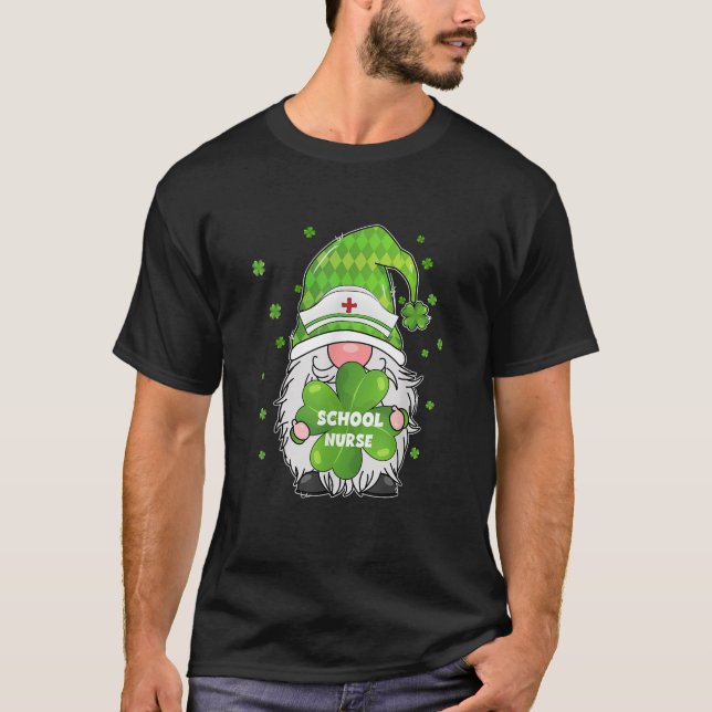 Funny Gnome With Shamrock School Nurse St Patricks T-Shirt (Front)