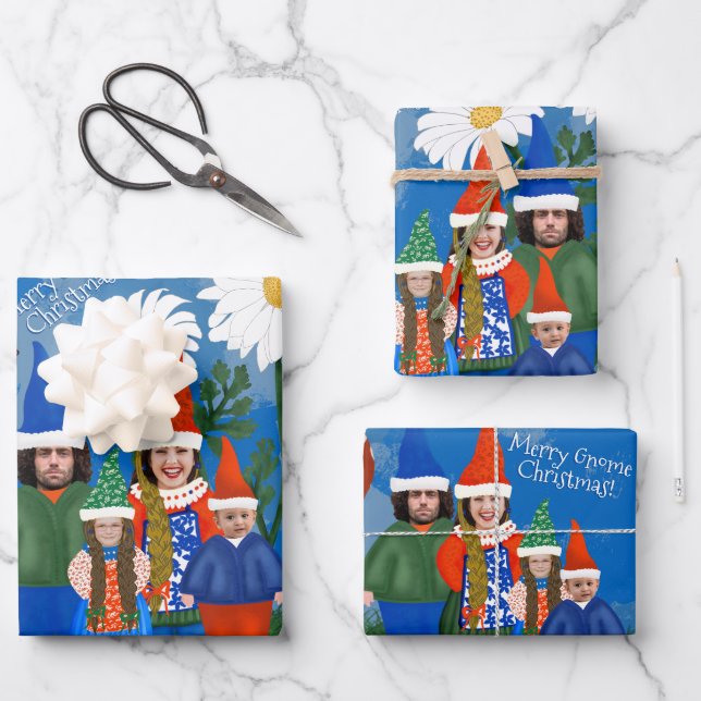 Funny Gnome Your Family Add Face Photo Christmas  Wrapping Paper Sheets (Front)