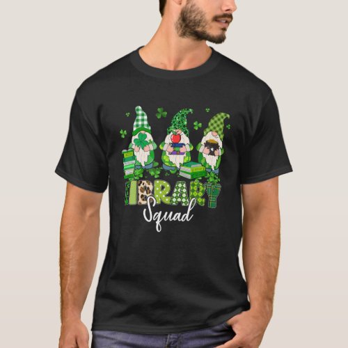 Funny Gnomes Leopard Shamrock Library Squad St Pat T_Shirt