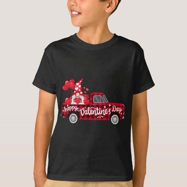 Funny Gnomes Lovers Red Truck Hearts Happy Valenti T-Shirt (Front)