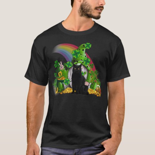 Funny Gnomes With Black Cat Happy St Patricks Day  T_Shirt